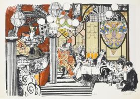 Emanuele Luzzati(1921-2007): Magyar kávéház. Nyomat, karton, jelzett, számozott (161/250). Lpa sarkaiban és tetején törésnyomokkal. 31×44 cm