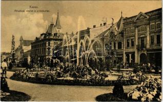 1909 Kassa, Kosice; Fő utcai részlet a szökőkúttal, Magyar Bazár, Jassik Lajos, Sziegfried Pál üzlete. Nyulászi Béla kiadása / main street, fountain, Hungarian bazaar, shops (ázott sarok / wet corner)