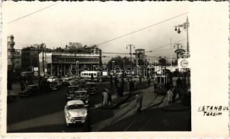 1955 Istanbul, Constantinople; Taksim, Guven Sigorta / square, automobiles, autobuses. photo + "Ucak Ile / Par Avion"