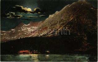 1913 Tátra, Magas-Tátra, Vysoké Tatry; Poprádi tó este / lake at night