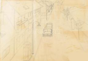 Jelzés nélkül: Házak. Vegyes technika, papír. Kétoldalas mű, hátoldalán utcarészlet (ceruza). 35x50 ...