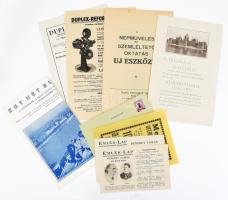 cca 1930 8 db vegyes témájú nyomtatvány: népművelés, reklám nyomtatványok, idegenforgalmi nyomtatványok