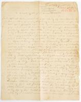 1854 Tarnopol, Ruzitska Ede (Eduárd) (1832-1896) 1848-49-es honvédtiszt, a szabadságharc egyik legfiatalabb honvédtisztjének saját kezű levele menyasszonyához, későbbi feleségéhez, Pajor Antóniához (1832 ? 1897). "Szeretett egyettlen jó kis Tonikám!" megszólítással. Benne helyi (Tarnopol, Galícia) zsidó család izraelita esküvőjére vonatkozó érdekes sorokkal, valamint a helyi katonaság (Lemberg (Lviv) vasútépítésre való vezénylésével. Szakadt, későbbi ceruzás bejegyzéssel az első oldalon, 2 sztl. lev, 4 beírt oldal.