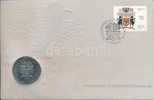 Portugália 1986. 100Esc Cu-Ni "Azori-szigeteki regionális autonómia 10. évfordulója" dombornyomott, felbélyegzett borítékban, bélyegzéssel T:UNC Portugal 1986. 100 Escudos Cu-Ni "10th Anniversary of Regional Autonomy" in embossed envelope with stamped stamp C:UNC