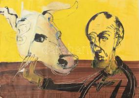 Dóró Sándor (1950-): Szoboszlói állatorvos, 2004. Akril, papír. Jelezve jobbra lent, hátoldalán autográf felirattal. Kissé foltos. Lapszéli szakadásokkal. 48x67,5 cm.