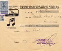 1940 Columbia Graphophone Company Romana céges nyugta okmánybélyeggel (szakadás)