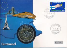 Gibraltár 1993. 2,8ECU Cu-Ni "Eurotunnel" felbélyegzett borítékban, bélyegzéssel, német nyelvű leírással T:UNC, patina Gibraltar 1993. 2,8 ECU Cu-Ni "Eurotunnel" in envelope with stamped stamp, with German description C:UNC, patina