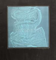 Ásztai Csaba (?-): Türkiz kép (olvashatatlan címmel). Szitanyomat, papír. Jelzett, számozott (6/15). Lapszéli szakadásokkal. 35x35 cm.