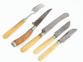 5 darab régi csont- és szarunyelű és, h: 16-20 cm