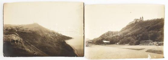 cca 1920-1930 Tihany látképe és Tihany Balaton-part fotója, az utóbbin felül az apátsággal, lent hátul vendéglő - étterem - bazár épületekkel, 2 db fotó, szakadtak, 12x17 cmx2