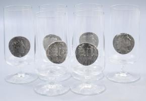 Boros pohár garnitúra, római érméket imitáló fém rátétekkel, 6 db, hibátlan, m: 14 cm