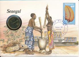 Közép-afrikai Államok 1989. 25Fr Al-bronz "Szenegál" felbélyegzett borítékban, bélyegzéssel, német nyelvű leírással T:UNC Central African States 1989. 25 Francs Al-bronze in "Senegal" envelope with stamp and cancellation, with German description C:UNC