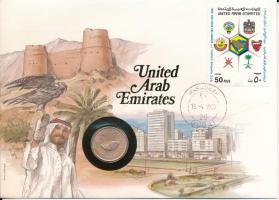 Egyesült Arab Emirátusok 1974. 5f bronz felbélyegzett borítékban, bélyegzéssel, német nyelvű leírással T:AU patina United Arab Emirates 1974. 5 Fils bronze in envelope with stamp, cancellation and German description C:AU patina