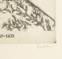 Raszler Károly (1925-2005): Zsigmond magyar király 1387-1437, rézkarc, papír, jelzett, 39,5×29 cm