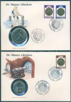 Gibraltár 1989-1990. 20p-5Ł össz. 5 db emlékpénz egy-egy érmés borítékon, teljes bélyegsorral, alkalmi bélyegzésekkel, hátoldali ismertetőkkel T:BU