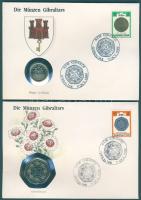 Gibraltár 1989-1990. 20p-5Ł össz. 5 db emlékpénz egy-egy érmés borítékon, teljes bélyegsorral, alkal...