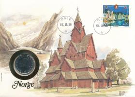Norvégia 1988. 1K Cu-Ni felbélyegzett borítékban, bélyegzéssel, német nyelvű leírással T:UNC patina Norway 1988. 1 Krone Cu-Ni in envelope with stamp, cancellation and a prospectus in german C:UNC patina