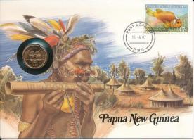 Pápua Új-Guinea 1987. 2t Cu-Zn felbélyegzett borítékban, bélyegzéssel, német nyelvű tájékoztatóval T:UNC Papua New Guinea 1987. 2 Toea Cu-Zn in envelope with stamp, cancellation and a prospectus in german C:UNC