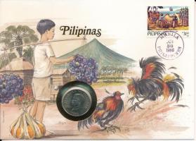 Fülöp-szigetek 1985. 50s Cu-Ni felbélyegzett borítékban, bélyegzéssel, német nyelvű leírással T:UNC patina Philippines 1985. 50 Sentimo Cu-Ni in envelope with stamp, cancellation, with German description C:UNC patina
