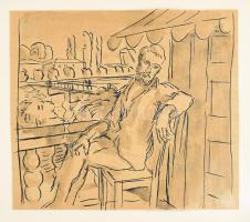 Jelzés nélkül: Pihenő a teraszon. Tus, papír, jelzett, sarkaiban papírra kasírozva. 24x27,5 cm