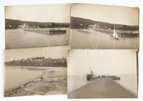 cca 1920-1930 A Révfülöpi kikötő, és Balaton-part, rajtuk gőzössel, vitorlással, összesen 4 db fotó, gyűrődésekkel, néhány kisebb sérüléssel, a hátoldalakon feliratozva, 12x17 cm