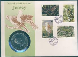 Jersey 1987. 2Ł "25 éves a WWF" érmés borítékon teljes bélyegsorral, elsőnapi bélyegzéssel, hátoldali ismertetővel T:BU