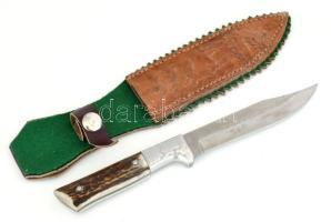 Vadásztőr, vésett fotóval, éles pengével 16 cm, bőr tokkal