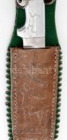 Vadásztőr, vésett fotóval, éles pengével 16 cm, bőr tokkal