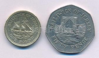 Jersey 1987. 50p Cu-Ni "II. Erzsébet" + 1998. 1P "XIX. századi hajóépítés" forga...