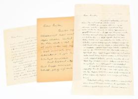 1929 Illyés Gyula (1902?1983) Kossuth-díjas költő, író, műfordító, szerkesztő autográf levelei (3 db) Hamar Zoltán orvoshoz. Hamar Zoltán 1929 év végén kereste meg Illyés Gyulát, hogy segítsen kiadni a verseit.  "Kedves Uram, őszinte örömmel vettem sorait s a verseket, amelyek igen tetszettek nekem. Eredeti s éles plaszticitás felé törekvő képzeletet látok bennük, figyelemre méltó, eleven tehetséget. ... Éles képzeletűek ezek a versek, ami annál szebb, mert absztrakt területen mozognak, azonban a nyelv nem hajlik meg kellő fürgeséggel a képzelet mozdulatai után. Ez az,a nyelv, az a szükséges rossz a költészetben, amely másodlagos dolog, de nélküle nem bontakozhat ki a lényeg sem, a vízió, az indulat."  1929 IX. 16, nov. 9, XI. 20. Publikálva: Magyar Napló, 2022. december, 44-48 p. Autográf aláírásokkal, hajtottak, az egyik levél szakadt, 2 sztl. lev. (2 beírt oldal) , 2 sztl. lev. (2 beírt oldal), 1 sztl. lev. (1,5 beírt oldal)