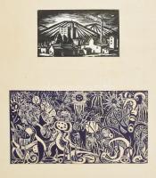 Horkay György (1934-?), 2 db mű egy paszpartuban: Fűrészüzem és Nyüzsgés. Linómetszet, papír. Jelzett a hátoldalán. Fűrészüzem sérült 11x19,5 és 17,5x33 cm