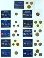 Vegyes 11db-os "A világ pénzérméi" sorozat vákuum csomagolt forgalmi érme összeállítás, benne Amerika érméi T:UNC-AU, patina Mixed 11pcs "Coins of the world" series vacuum-packed circulation coin set, including American coins C:UNC-AU, patina