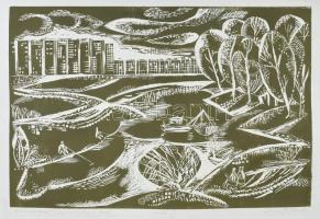 Donáth Gyula (1924-1984): Zagyvapart (Szolnok), 1981. Linómetszet, papír. Jelzett. Próbanyomat próba I jelzéssel. 35x50 cm