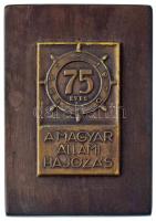 1970. "75 éves a Magyar Állami Hajózás 1895-1970" bronz lemezplakett (80x49mm) fa talapzaton (126x88mm) T:XF patina