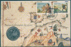 Portugália 1989. 100Esc "Az Azori-szigetek felfedezése" érmés borítékon alkalmi bélyegzős bélyegpárral, hátoldali ismertetővel T:1