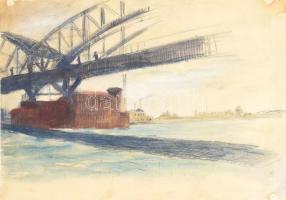 Bathó Lajos (1920-23 körül a Képzőművészeti Főiskola növendéke): Híd. Akvarell, ceruza, papír, jelzés nélkül, hátoldalán feliratozott. Szélén kissé sérült. 30x44 cm