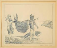 Kovács Tamás (1942-1999): Északi történet. Rézkarc, papír, jelzett, számozott (80/100). Üvegezett fakeretben, 21×25,5 cm