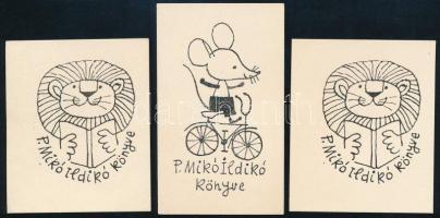 Reich Károly (1922-1988): P. Mikó Ildikó könyve, 3 db ex libris. Klisé, papír, jelzés nélkül, 6×5 cm körüli méretekben
