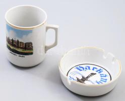 Zsolnay harkányi emlék bögre és hamuzó, jelzett, d: 11 cm, m: 9,5 cm