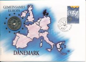 Dánia 1992. 5K Cu-Ni "Közös Európa" felbélyegzett borítékban, bélyegzéssel, német nyelvű tájékoztatóval T:UNC Denmark 1992. 5 Kroner Cu-Ni "Gemeinsames Europa" in envelope with stamped stamp, with German description C:UNC