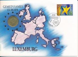 Luxemburg 1990. 5Fr Cu-Al-Ni "Közös Európa" felbélyegzett borítékban, bélyegzéssel, német nyelvű tájékoztatóval T:VF Luxembourg 1990. 5 Francs Cu-Al-Ni "Gemeinsames Europa" in envelope with stamped stamp, with German description C:VF