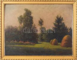 Kiss Farkas Imre (?-?), működött 1920-40 körül: Szénaboglyák. Olaj, rétegelt falemez. Jelezve jobbra lent. Apró felületi sérülésekkel. Dekoratív, kissé sérült fakeretben. 46,5×60,5 cm