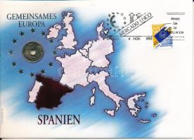 Spanyolország 1991. 25P Al-bronz "Közös Európa" felbélyegzett borítékban, bélyegzéssel, német nyelvű tájékoztatóval T:AU Spain 1991. 25 Pesetas Al-bronze "Gemeinsames Europa" in envelope with stamped stamp, with German description C:AU