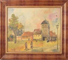 Bánfi jelzéssel: Ódon város sétálókkal. Olaj, karton. Fakeretben. 42×48 cm