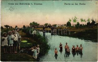 1919 Rehbrücke b. Potsdam (Bergholz-Rehbrücke, Nuthetal), Partie an der Nuthe / riverside, bathing in the river (glue marks)