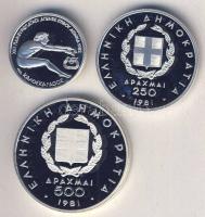 Görögország 1981. 100Dr Ag "Távolugrás", 250Dr "Gerelyhajítás", 500Dr "Váltófutás", 3klf db, "Páneurópai Játékok" szettben T:PP Eredeti díszdobozban, tanúsítvánnyal!