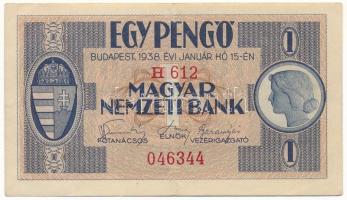 1938. 1P "H 612 046344" T:XF,VF Hungary 1938. 1 Pengő "H 612 046344" C:XF,VF Adamo P1