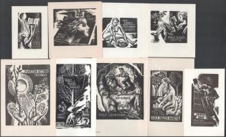 Menyhárt József (1901-1976): 9 db ex libris és kisgrafika. Fametszet, papír, jelzett a metszeten. Klf. méretekben.