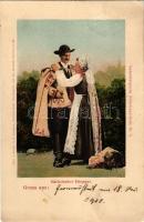 1908 Nagyszeben, Hermannstadt, Sibiu; Sächsisches Ehepaar. Siebenbürgische Volsktypen Karte Nr. 3., G.A. Seraphin, Jos. Drotleff / Erdélyi szász házaspár / Transylvanian Saxon married couple