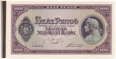 1945. 100P sorozat- és sorszám nélkül, bal oldali ívszéllel, színpróbával T:AU / Hungary 1945. 100 Pengő without serial number, with left margin and color test C:AU